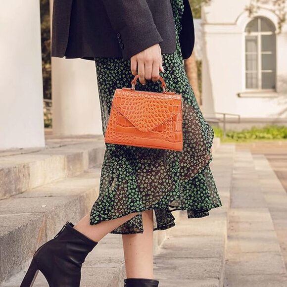 Neiman Marcus Orange Crocodile-Embossed Crossbody Shoulder Bag - Picture 6 of 6